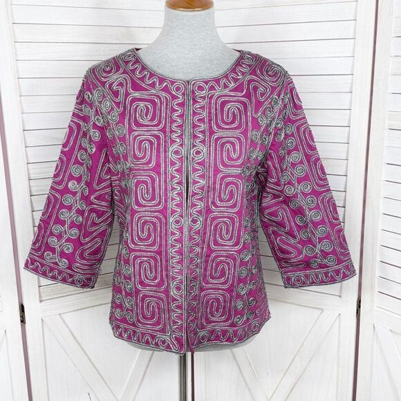 Joni B Braided Ribbon Design Ethnic Boho Crop Blazer Jacket Pink Black Small - Picture 2 of 13